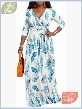 Plus Size Boho Maxi Dress with Belt - Floral V-Neck 3/4 Sleeve
